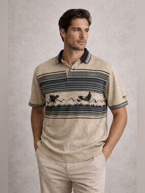 Rare 80s Vintage Wrangler Western Shirt Beige Scenic Knit Polo Medium Cotton